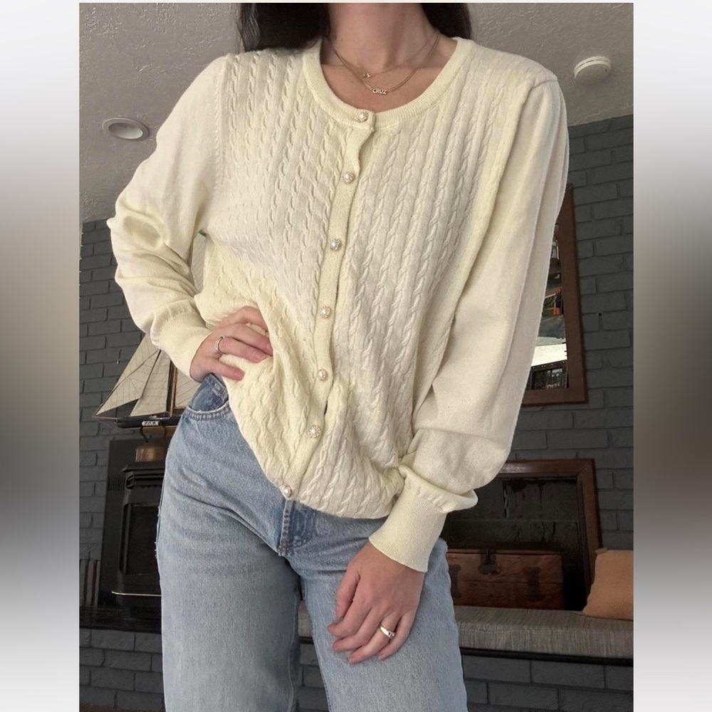 Butter Yellow Cable Knit Sweater with Pearl Buttons